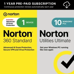 360 Standard with Norton Utilities Ultimate (1 Device) Antivirus Internet Security Software + VPN (1 Year Subscription) – Android, Apple iOS, Mac OS, Windows [Digital]