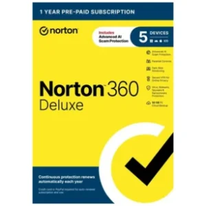 Norton – 360 Deluxe (5 Device) Antivirus Internet Security Software + VPN + Dark Web Monitoring (1 Year Subscription) – Android, Apple iOS, Mac OS, Windows