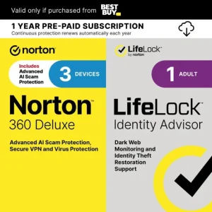 Norton – 360 Deluxe (3 Device) with LifeLock Identity Advisor (1 Adult) Internet Security Software + VPN (1 Year Subscription) – Android, Apple iOS, Mac OS, Windows [Digital]