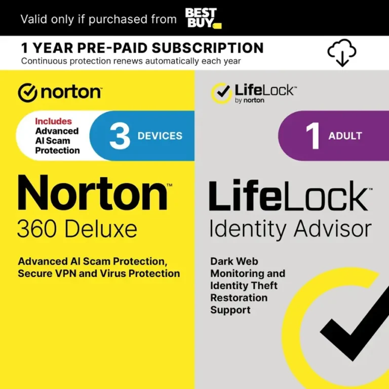 Norton – 360 Deluxe (3 Device) with LifeLock Identity Advisor (1 Adult) Internet Security Software + VPN (1 Year Subscription) – Android, Apple iOS, Mac OS, Windows [Digital]