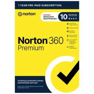 Norton – 360 Premium (10 Device) Antivirus Internet Security Software + VPN + Dark Web Monitoring (1 Year Subscription) – Android, Apple iOS, Mac OS, Windows