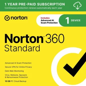 Norton – 360 Standard (1 Device) Antivirus Internet Security Software + VPN + Dark Web Monitoring (1 Year Subscription) – Android, Apple iOS, Mac OS, Windows [Digital]