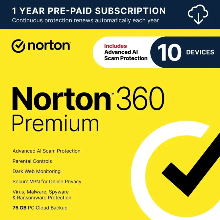 Norton – 360 Premium (10 Device) Antivirus Internet Security Software + VPN + Dark Web Monitoring (1 Year Subscription) – Android, Apple iOS, Mac OS, Windows [Digital]