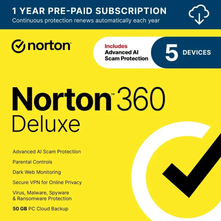 Norton – 360 Deluxe (5 Device) Antivirus Internet Security Software + VPN + Dark Web Monitoring (1 Year Subscription) – Android, Apple iOS, Mac OS, Windows [Digital]