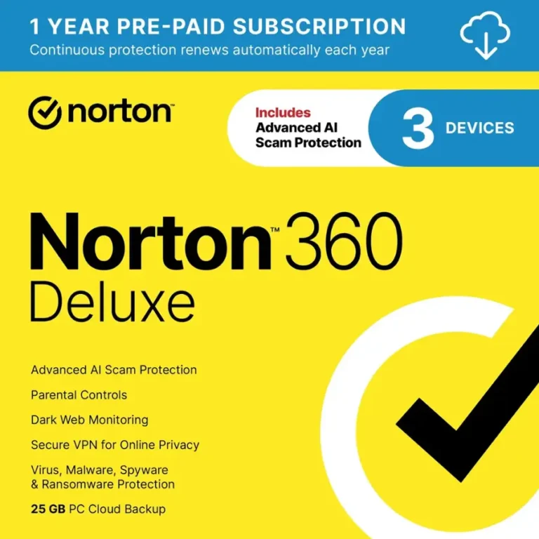 Norton – 360 Deluxe (3 Device) Antivirus Internet Security Software + VPN + Dark Web Monitoring (1 Year Subscription) – Android, Apple iOS, Mac OS, Windows [Digital]