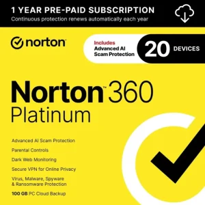 Norton – 360 Platinum (20 Device) Antivirus Internet Security Software + VPN + Dark Web Monitoring (1 Year Subscription) – Android, Apple iOS, Mac OS, Windows [Digital]